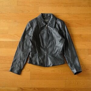 VTG Guess USA Women's Black Leather Jacket Zip Front Grunge Moto Style Size S